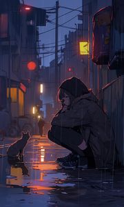 Preview wallpaper girl, rain, cat, street, anime