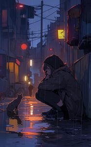 Preview wallpaper girl, rain, cat, street, anime