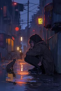 Preview wallpaper girl, rain, cat, street, anime