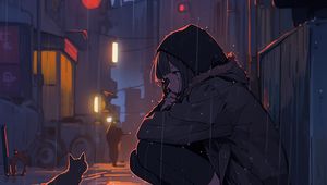 Preview wallpaper girl, rain, cat, street, anime