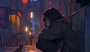 Preview wallpaper girl, rain, cat, street, anime