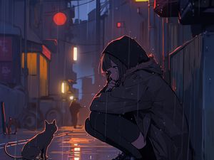 Preview wallpaper girl, rain, cat, street, anime