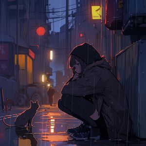 Preview wallpaper girl, rain, cat, street, anime