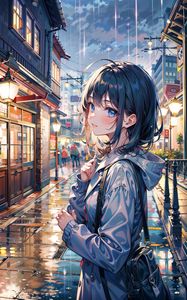 Preview wallpaper girl, rain, lights, buildings, street, art