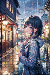 Preview wallpaper girl, rain, lights, buildings, street, art