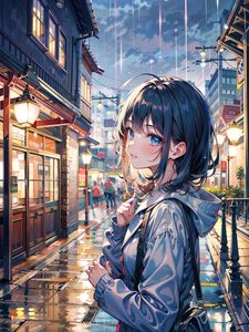 Preview wallpaper girl, rain, lights, buildings, street, art