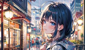 Preview wallpaper girl, rain, lights, buildings, street, art