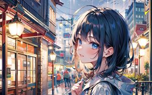 Preview wallpaper girl, rain, lights, buildings, street, art