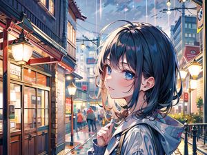 Preview wallpaper girl, rain, lights, buildings, street, art