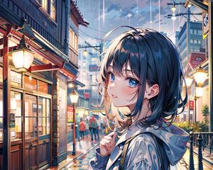 Preview wallpaper girl, rain, lights, buildings, street, art