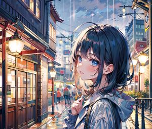 Preview wallpaper girl, rain, lights, buildings, street, art
