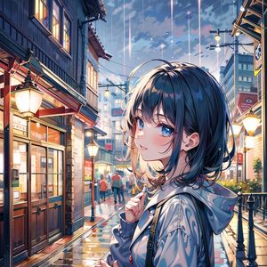 Preview wallpaper girl, rain, lights, buildings, street, art