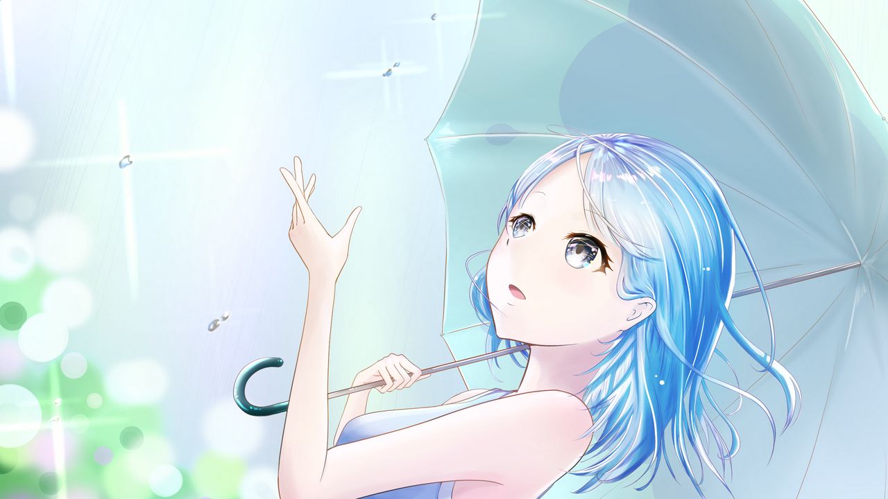 Wallpaper girl, rain, umbrella, anime, art, blue