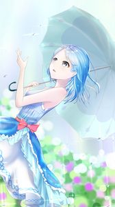 Preview wallpaper girl, rain, umbrella, anime, art, blue