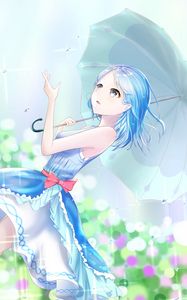 Preview wallpaper girl, rain, umbrella, anime, art, blue