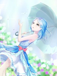 Preview wallpaper girl, rain, umbrella, anime, art, blue