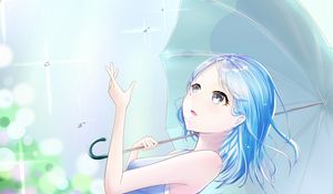 Preview wallpaper girl, rain, umbrella, anime, art, blue