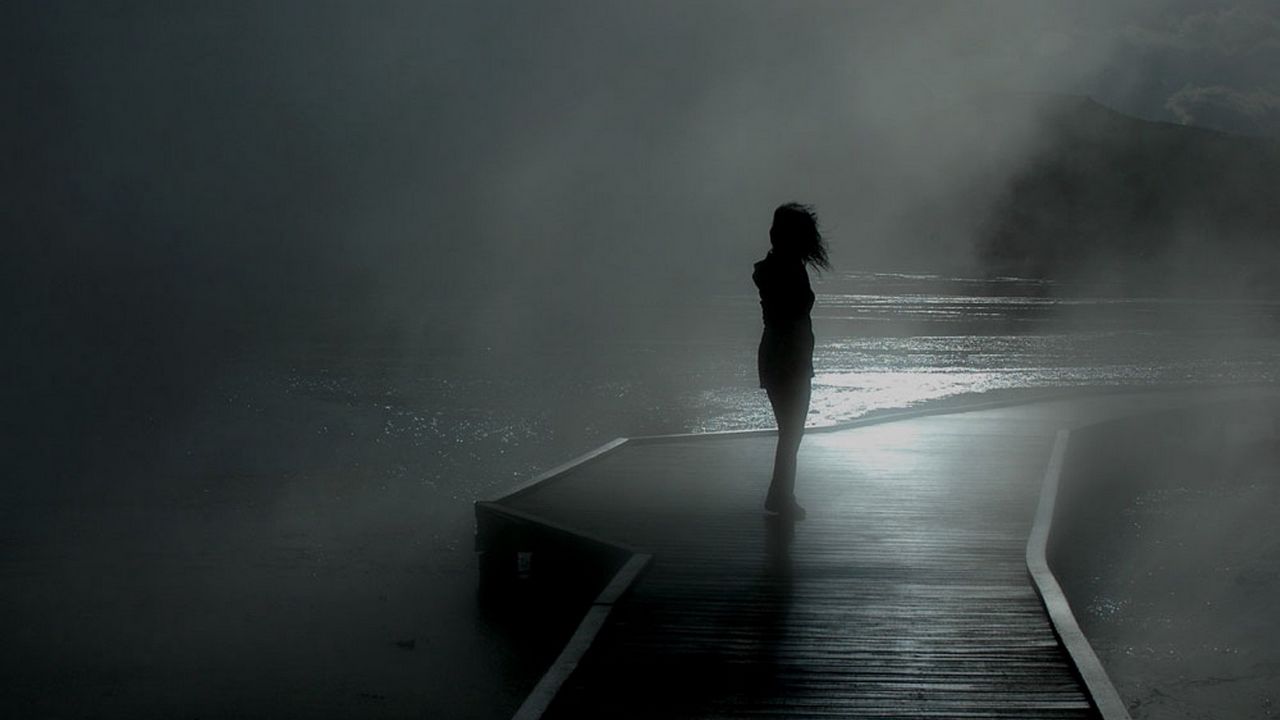 Wallpaper girl, rain, walk, mood, pier, fog
