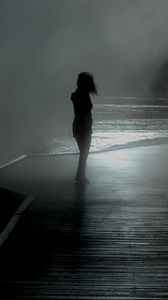 Preview wallpaper girl, rain, walk, mood, pier, fog