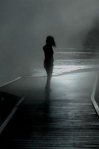 Preview wallpaper girl, rain, walk, mood, pier, fog