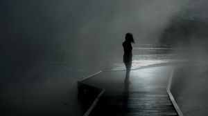 Preview wallpaper girl, rain, walk, mood, pier, fog