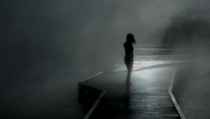 Preview wallpaper girl, rain, walk, mood, pier, fog