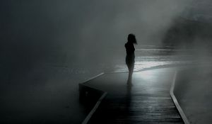 Preview wallpaper girl, rain, walk, mood, pier, fog