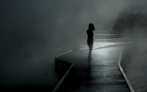 Preview wallpaper girl, rain, walk, mood, pier, fog