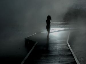 Preview wallpaper girl, rain, walk, mood, pier, fog