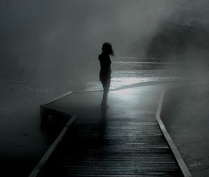 Preview wallpaper girl, rain, walk, mood, pier, fog