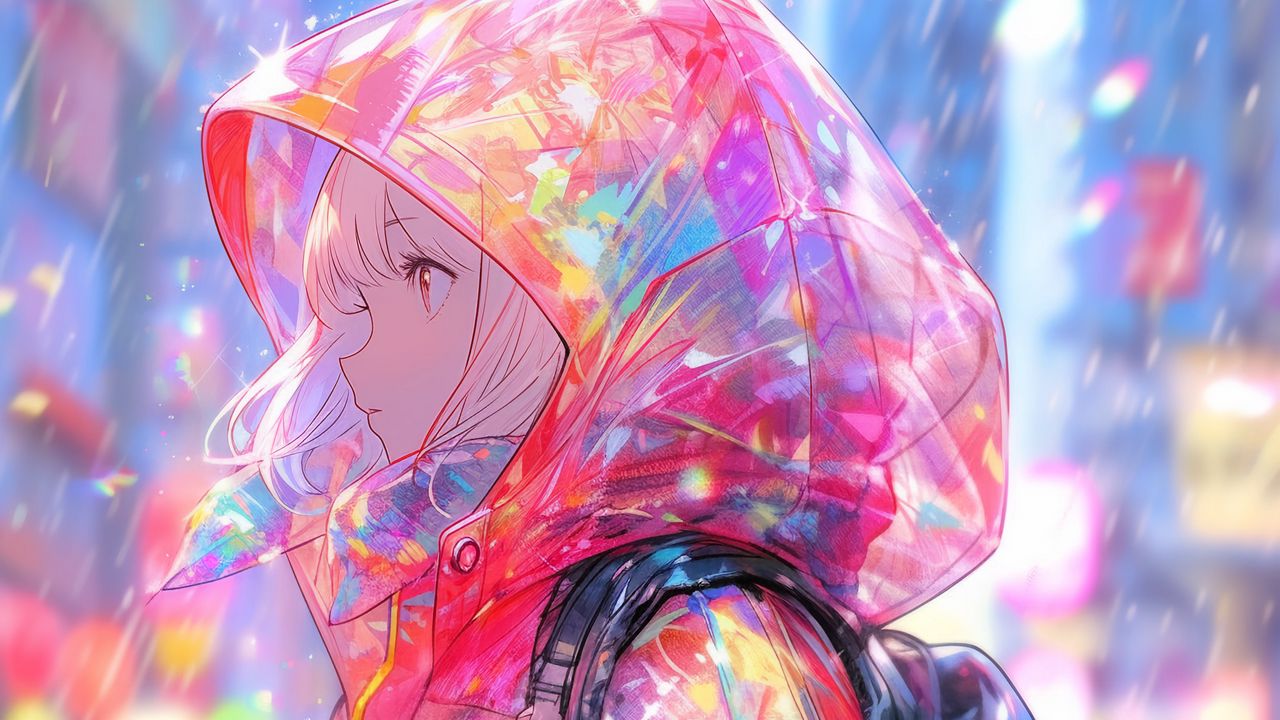 Wallpaper girl, raincoat, rain, anime, art