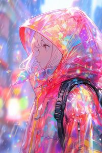 Preview wallpaper girl, raincoat, rain, anime, art