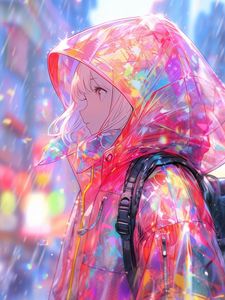 Preview wallpaper girl, raincoat, rain, anime, art