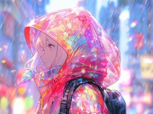 Preview wallpaper girl, raincoat, rain, anime, art