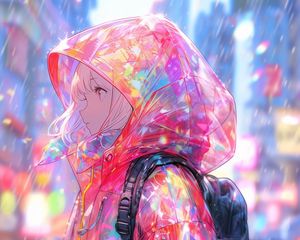 Preview wallpaper girl, raincoat, rain, anime, art