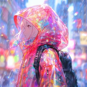 Preview wallpaper girl, raincoat, rain, anime, art