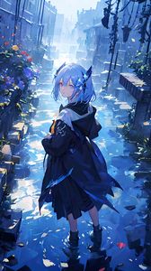 Preview wallpaper girl, raincoat, trail, anime