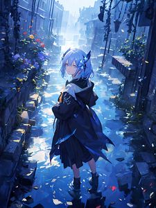 Preview wallpaper girl, raincoat, trail, anime