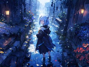 Preview wallpaper girl, raincoat, trail, anime