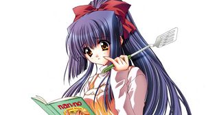 Preview wallpaper girl, reading, book, spatula, cooking, interest