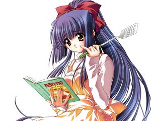 Preview wallpaper girl, reading, book, spatula, cooking, interest