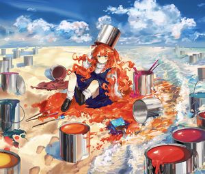 Preview wallpaper girl, redhead, paint, colorful, anime, art