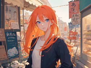 Preview wallpaper girl, redhead, street, anime, art