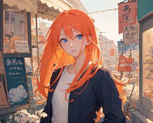 Preview wallpaper girl, redhead, street, anime, art