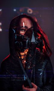 Preview wallpaper girl, respirator, cyberpunk, hologram, sci-fi