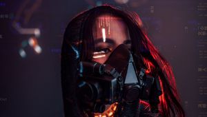 Preview wallpaper girl, respirator, cyberpunk, hologram, sci-fi