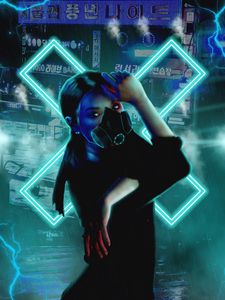 Preview wallpaper girl, respirator, cyberpunk, neon, hieroglyphs