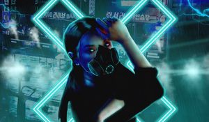 Preview wallpaper girl, respirator, cyberpunk, neon, hieroglyphs