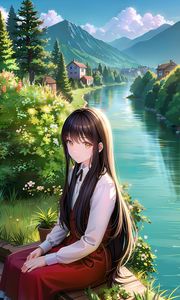 Preview wallpaper girl, river, home, anime