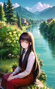 Preview wallpaper girl, river, home, anime